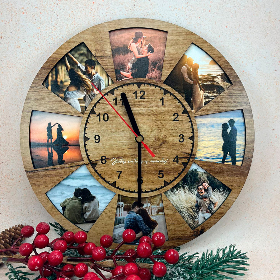 Relógio de parede em MDF personalizado com 8 fotos | Personalizados da Fusion Print