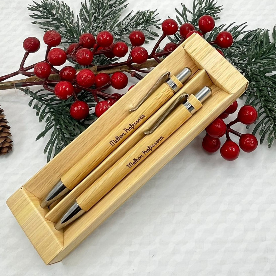 Conjunto de Esferográfica e Lápis em Bambu | Presentes Personalizados de Natal Fusion Print
